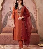 women ethnic motifs embroidered regular thread work kurta with trousers & with dupatta