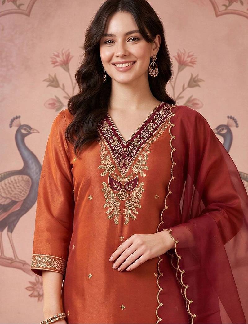 women ethnic motifs embroidered regular thread work kurta with trousers & with dupatta