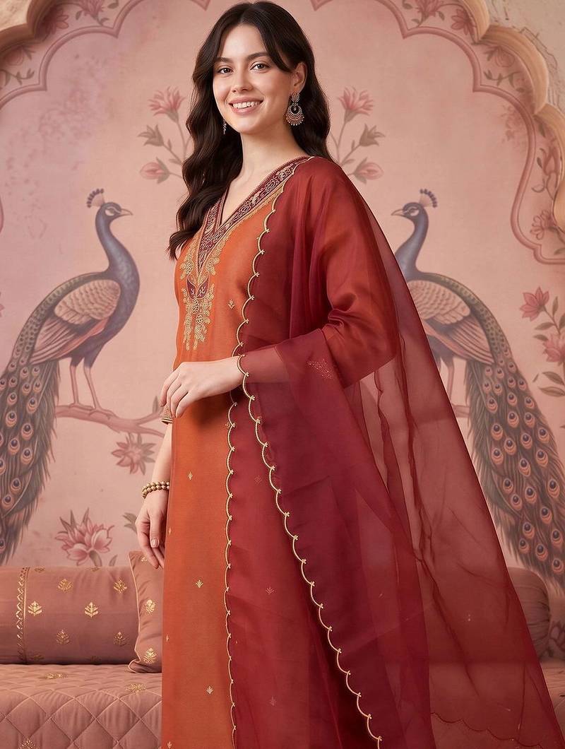 women ethnic motifs embroidered regular thread work kurta with trousers & with dupatta