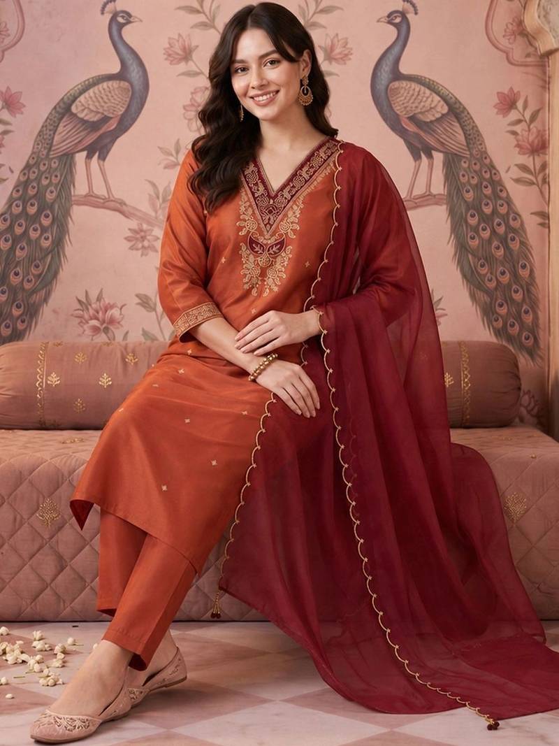women ethnic motifs embroidered regular thread work kurta with trousers & with dupatta