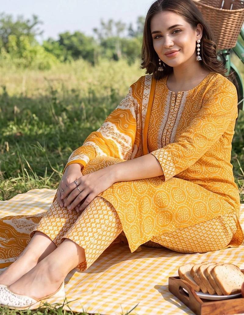 women printed regular thread work cotton kurta with trousers & with dupatta