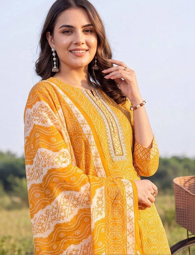 women printed regular thread work cotton kurta with trousers & with dupatta