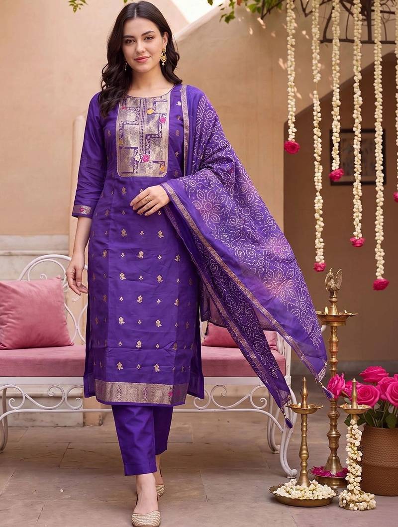 women ethnic motifs regular kurta with trousers & with dupatta