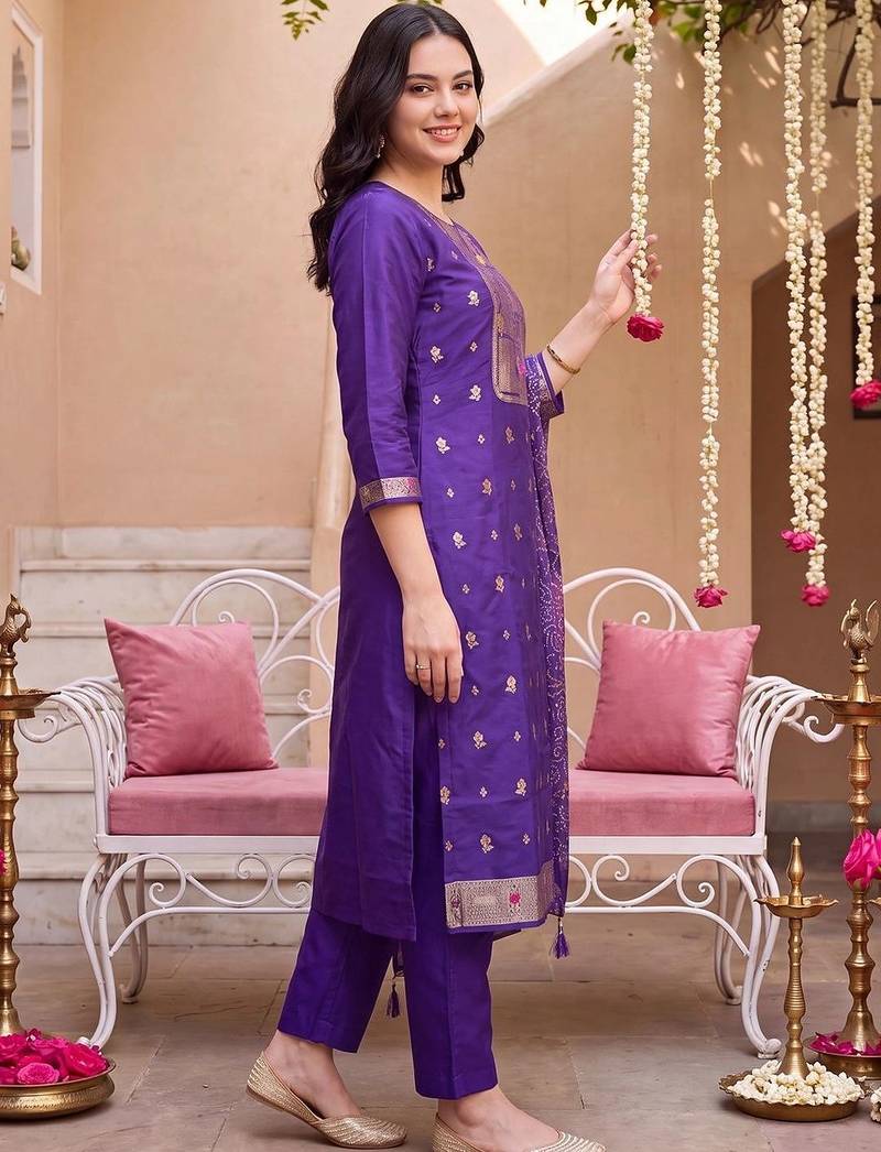 women ethnic motifs regular kurta with trousers & with dupatta