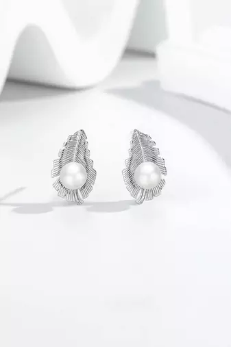 Pure 925 silver pearl leaf whisper stud earrings for women