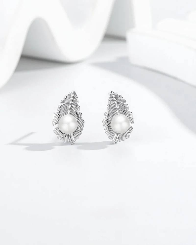 Pure 925 silver pearl leaf whisper stud earrings for women