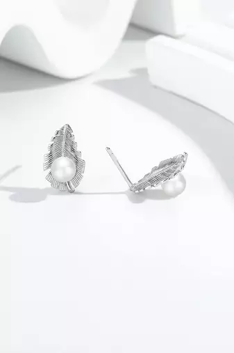 Pure 925 silver pearl leaf whisper stud earrings for women