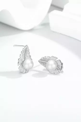 Pure 925 silver pearl leaf whisper stud earrings for women