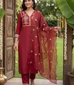 women ethnic motifs embroidered regular thread work kurta with trousers & with dupatta