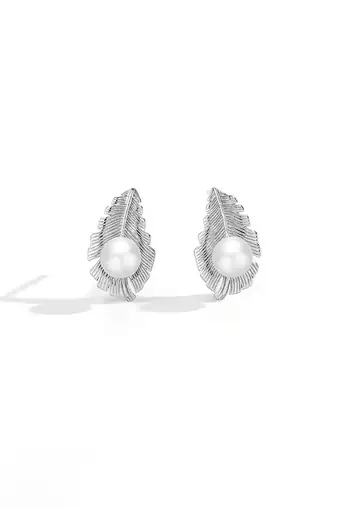 Pure 925 silver pearl leaf whisper stud earrings for women