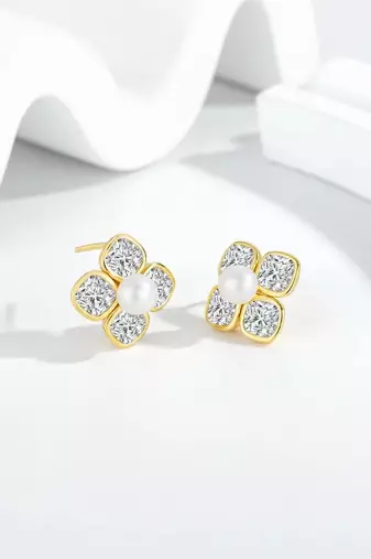 Pure 925 silver pearl blossom sparkle earrings for women