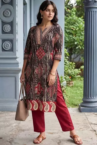 women ethnic motifs printed regular cotton kurta with trousers