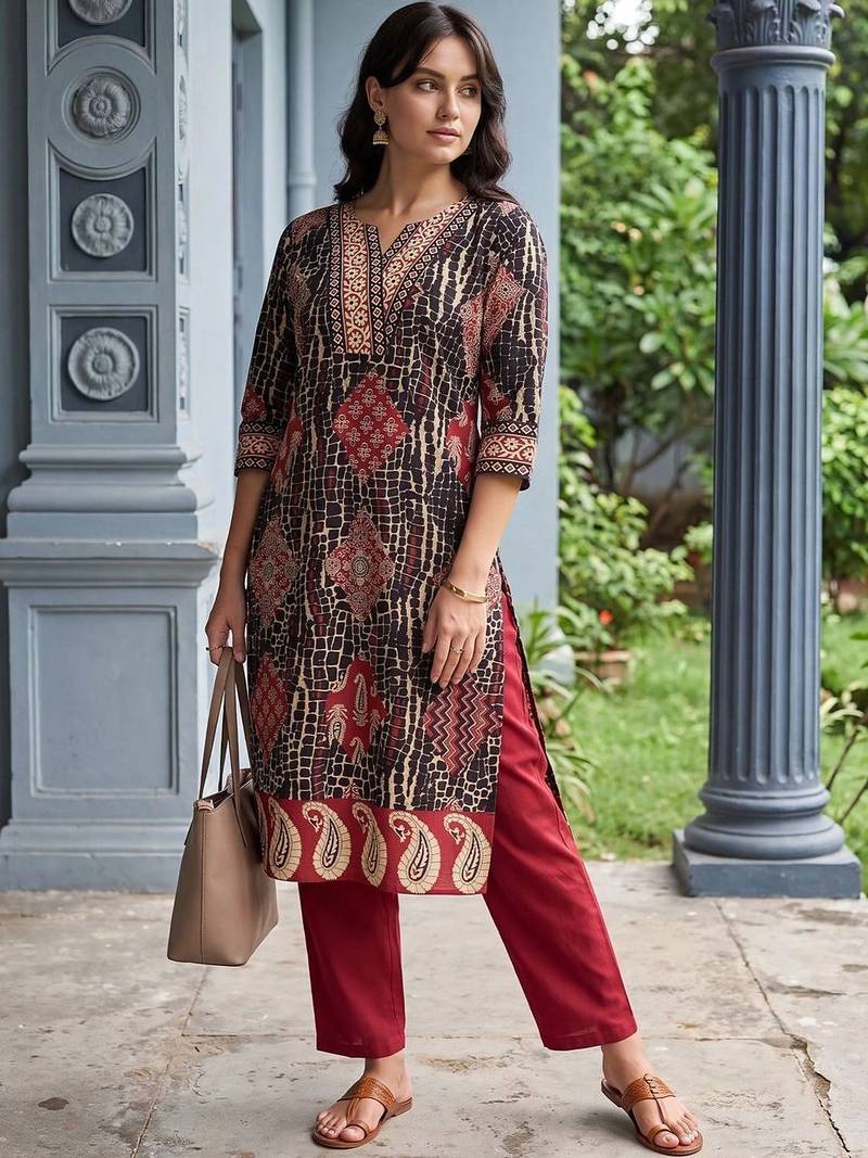 women ethnic motifs printed regular cotton kurta with trousers