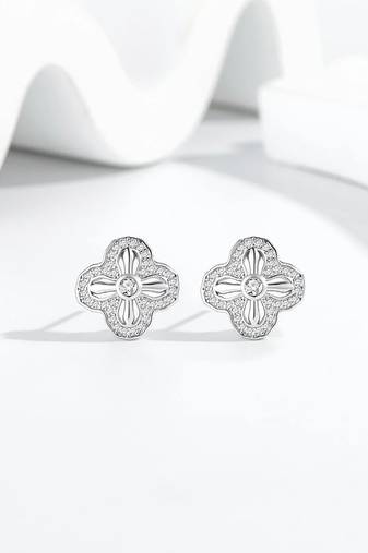 Pure 925 silver petal sparkle stud earrings for women