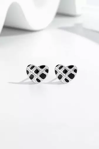 Pure 925 silver black velvet heart stud earrings for women