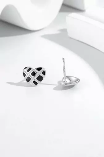 Pure 925 silver black velvet heart stud earrings for women