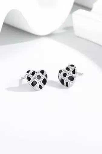 Pure 925 silver black velvet heart stud earrings for women