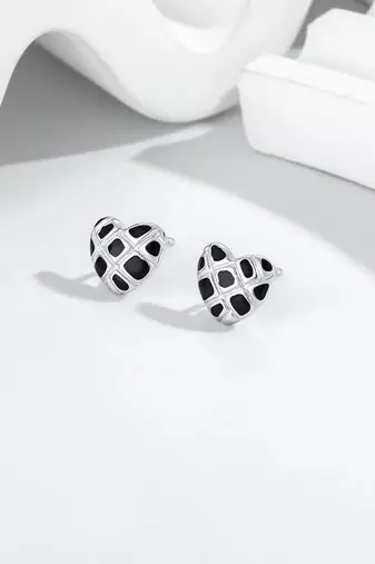 Pure 925 silver black velvet heart stud earrings for women