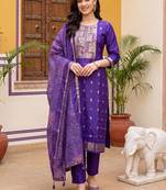 women ethnic motifs embroidered regular kurta with trousers & with dupatta