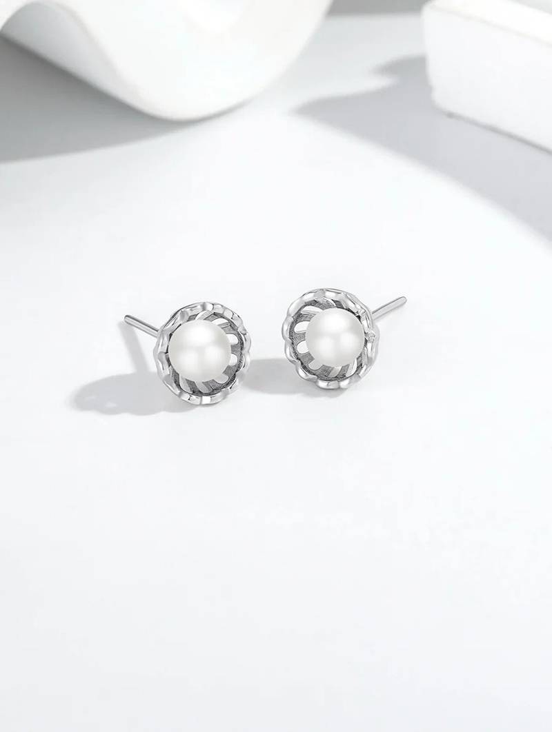 Pure 925 silver classic pearl bloom stud earrings for women