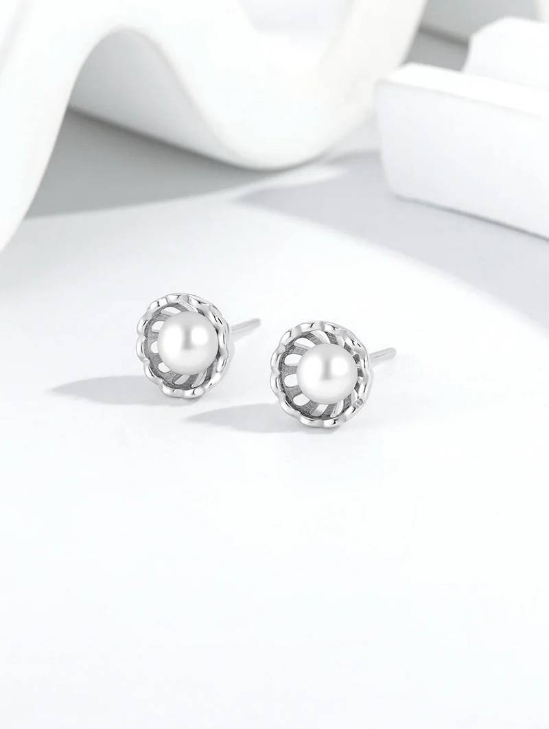 Pure 925 silver classic pearl bloom stud earrings for women