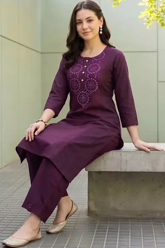 women ethnic motifs regular thread work kurta with palazzos