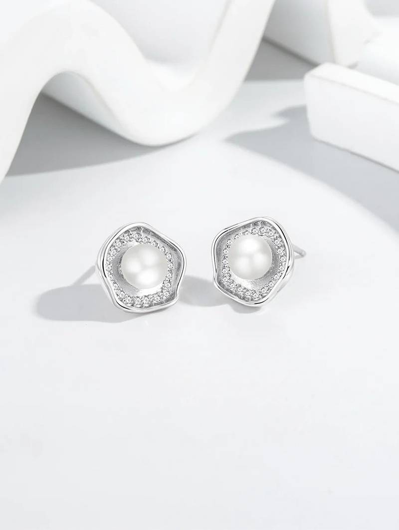 Pure 925 silver celestial pearl halo stud earrings for women