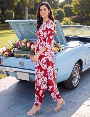 women floral printed regular cotton kurta with trousers 3