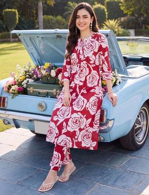 women floral printed regular cotton kurta with trousers 4