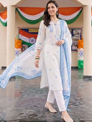 women floral embroidered regular thread work cotton kurta with trousers & with dupatta 1