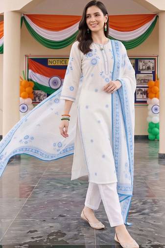 women floral embroidered regular thread work cotton kurta with trousers & with dupatta