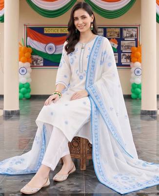 women floral embroidered regular thread work cotton kurta with trousers & with dupatta 2