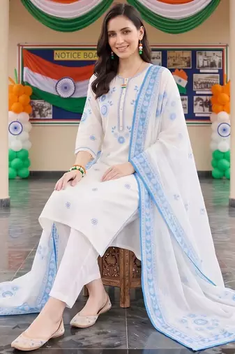 women floral embroidered regular thread work cotton kurta with trousers & with dupatta