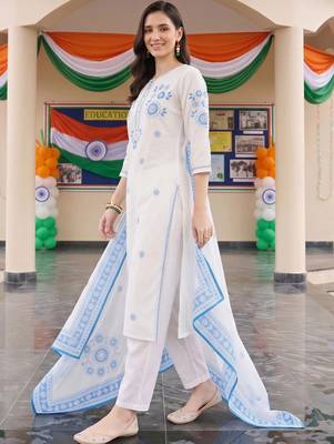 women floral embroidered regular thread work cotton kurta with trousers & with dupatta 4