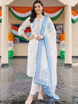 women floral embroidered regular thread work cotton kurta with trousers & with dupatta 5