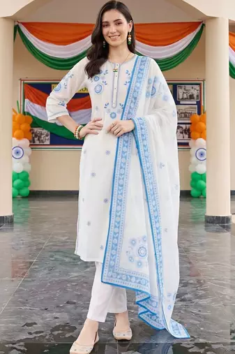 women floral embroidered regular thread work cotton kurta with trousers & with dupatta