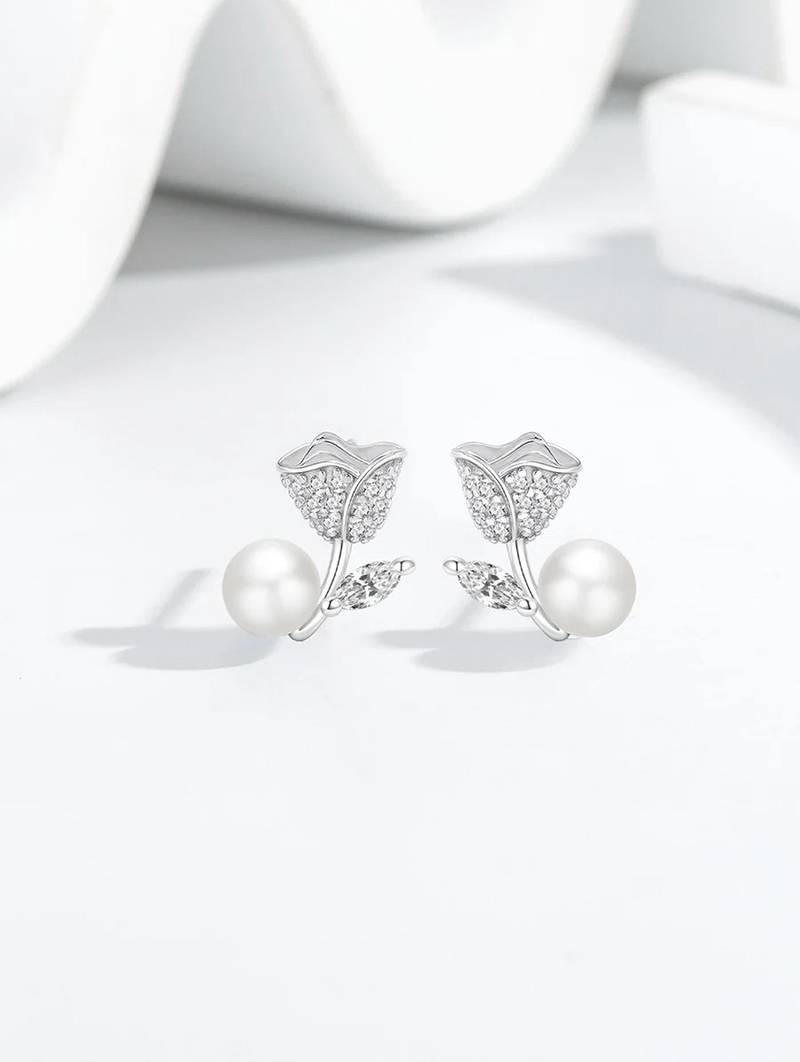 Pure 925 silver rose pearl earrings for women