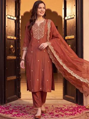 women ethnic motifs embroidered regular thread work liva kurta with trousers & with dupatta 1