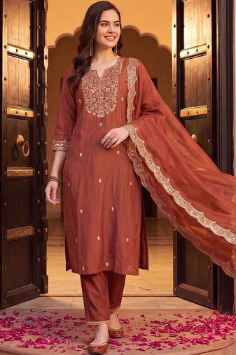 women ethnic motifs embroidered regular thread work liva kurta with trousers & with dupatta