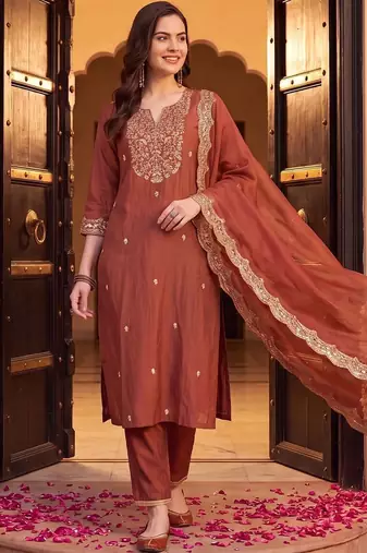 women ethnic motifs embroidered regular thread work liva kurta with trousers & with dupatta