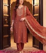 women ethnic motifs embroidered regular thread work liva kurta with trousers & with dupatta