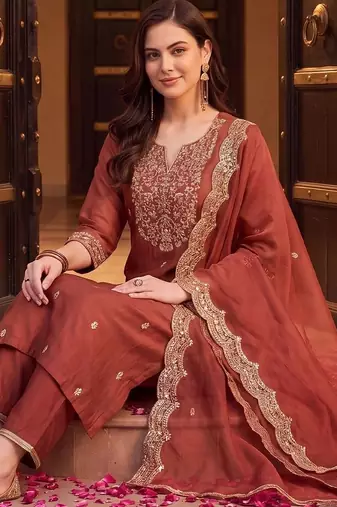 women ethnic motifs embroidered regular thread work liva kurta with trousers & with dupatta