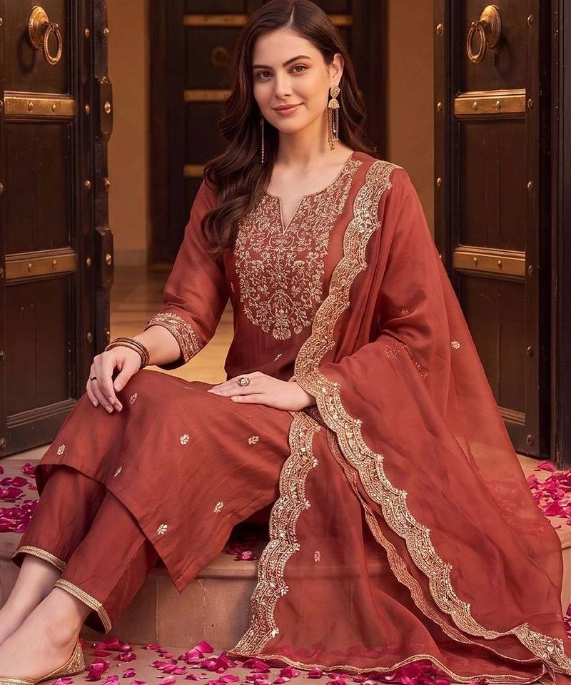 women ethnic motifs embroidered regular thread work liva kurta with trousers & with dupatta