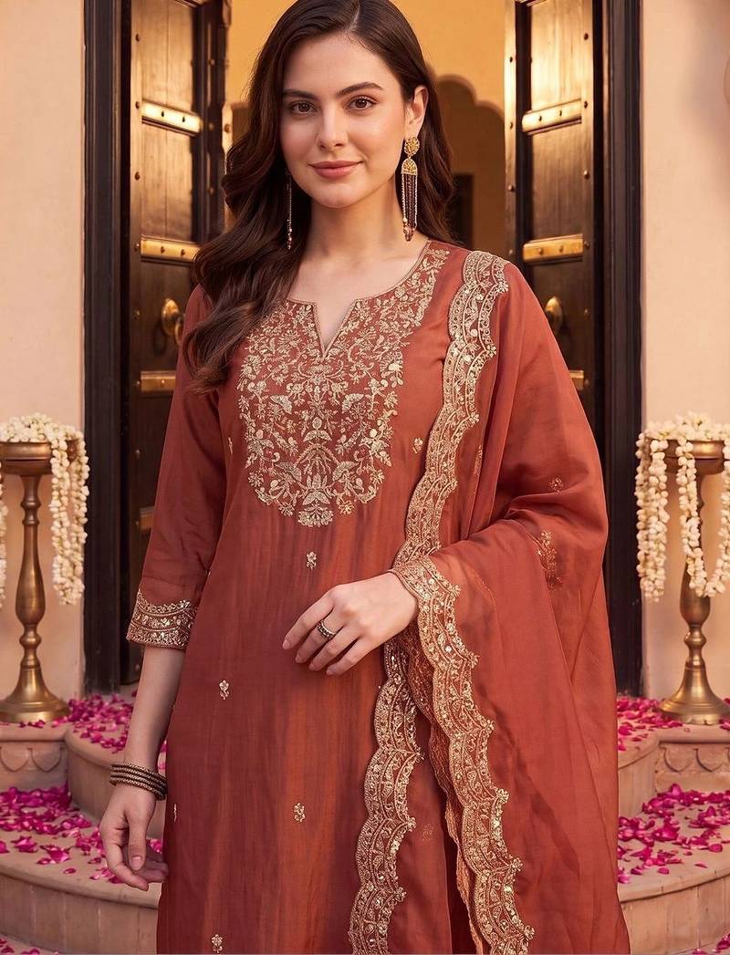 women ethnic motifs embroidered regular thread work liva kurta with trousers & with dupatta