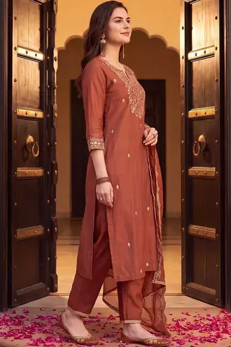 women ethnic motifs embroidered regular thread work liva kurta with trousers & with dupatta