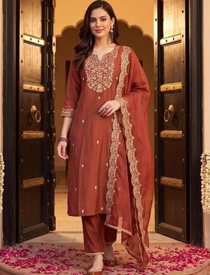 women ethnic motifs embroidered regular thread work liva kurta with trousers & with dupatta 5
