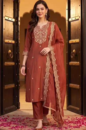 women ethnic motifs embroidered regular thread work liva kurta with trousers & with dupatta