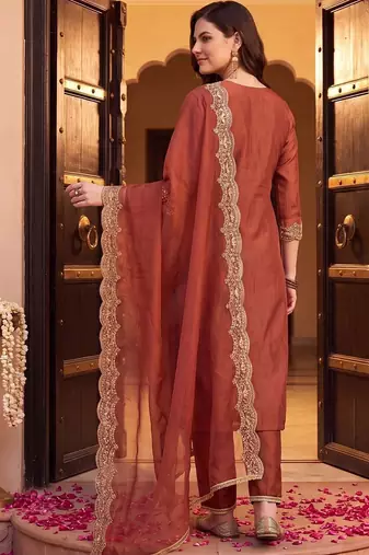 women ethnic motifs embroidered regular thread work liva kurta with trousers & with dupatta