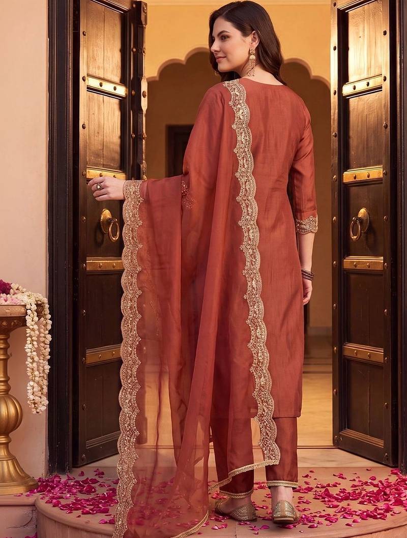 women ethnic motifs embroidered regular thread work liva kurta with trousers & with dupatta