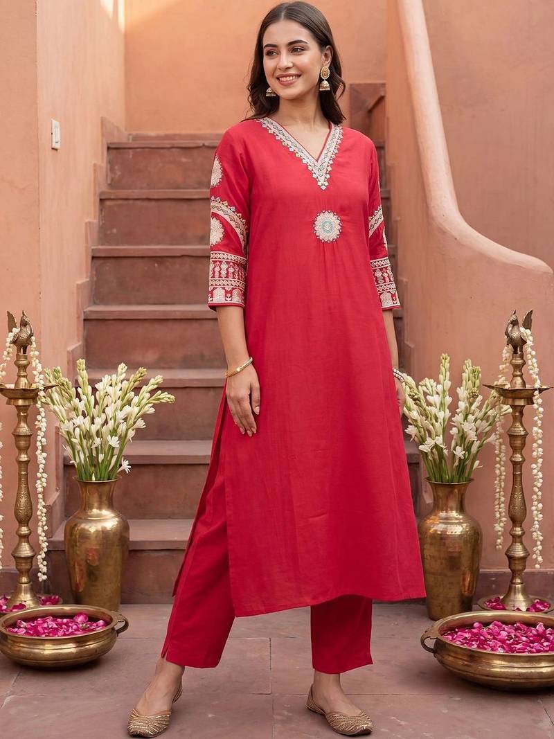 women ethnic motifs embroidered regular thread work kurta with trousers